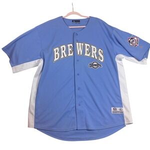 True Fan Milwaukee Brewers Baseball Jersey Mens XL Blue Good Pinstripe Button Up
